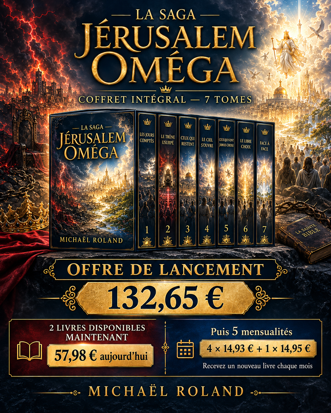 Offre de lancement du coffret La Saga Jérusalem Oméga : 132,65 euros, deux livres disponibles maintenant puis cinq mensualités